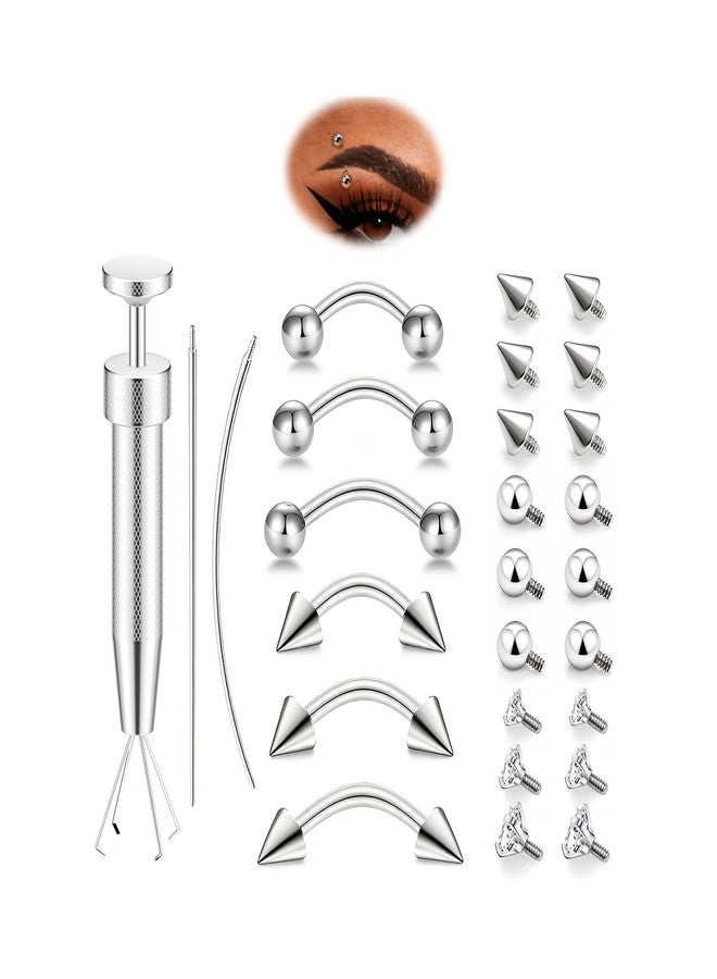 davka Eyebrow Piercing Jewelry Set with Tools, 16G Surgical Steel Curved Barbell Kit with CZ, Spike & Ball Replacement Ends, Internal Thread 6mm/8mm/10mm Rook Daith Lip Rings for Women Men - Image 1